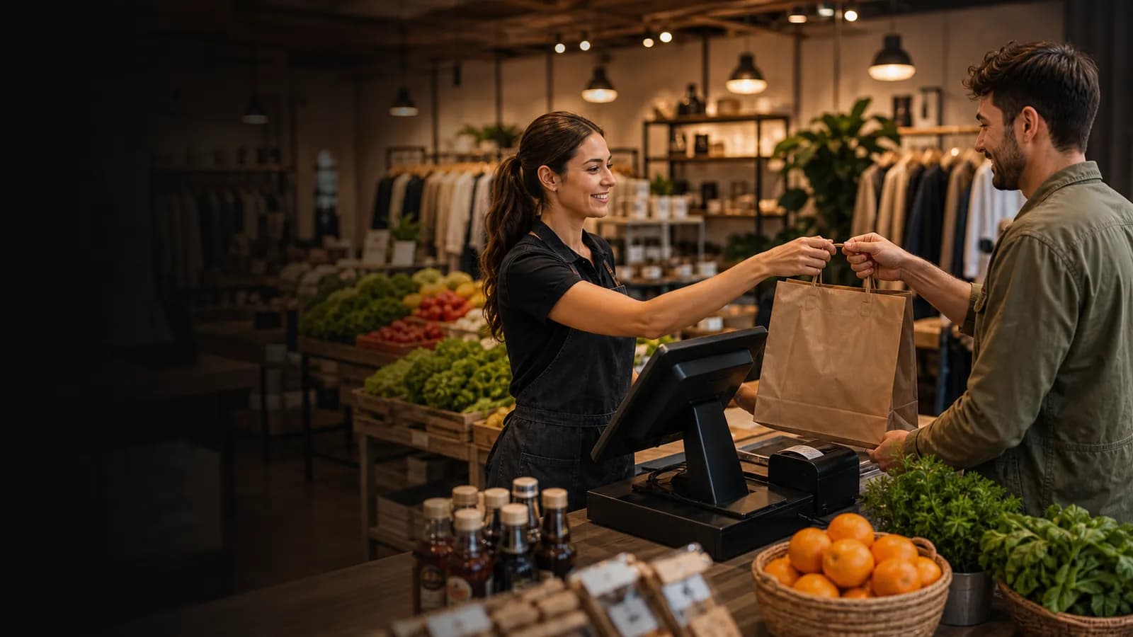 Comerciante usando POS Moyan en el punto de venta